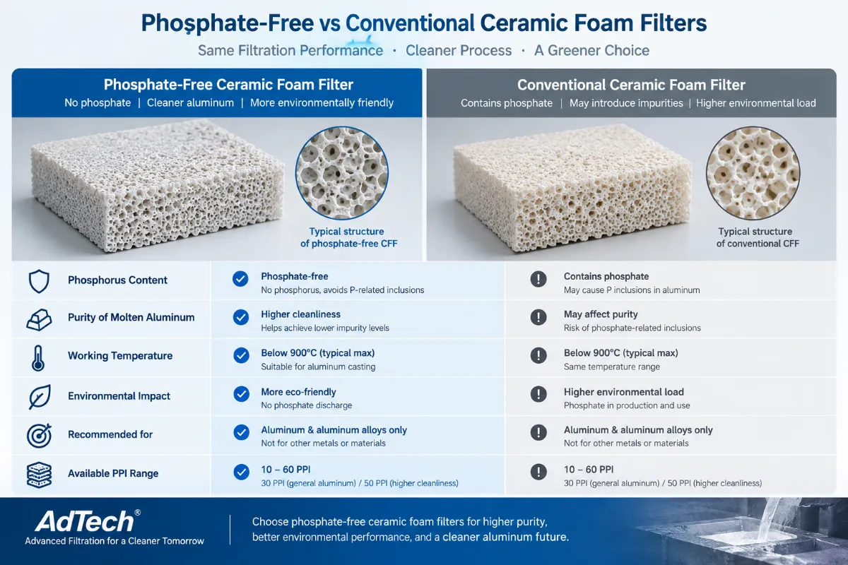 Phosphate-free vs conventional ceramic foam filters for aluminum casting filtration