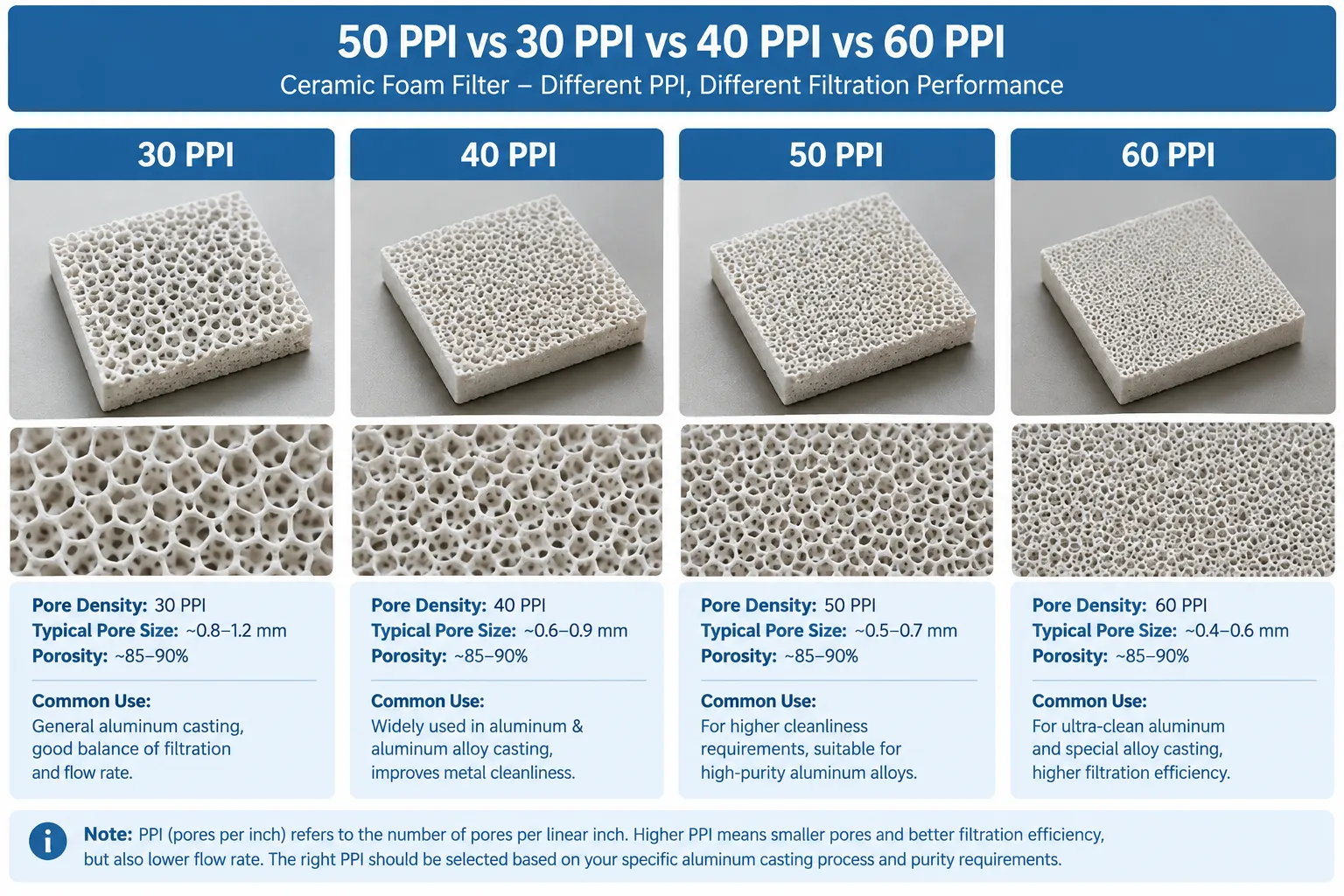 30, 40, 50 and 60 PPI ceramic foam filter comparison for aluminum casting