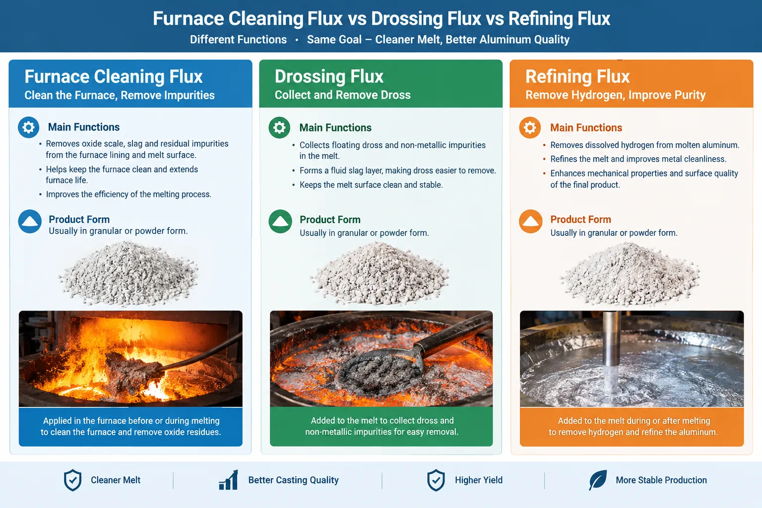 Furnace cleaning flux vs drossing flux vs refining flux for aluminum casting