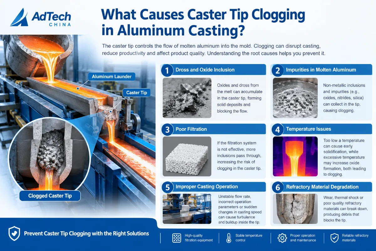Common causes of caster tip clogging in aluminum casting, including dross buildup, molten aluminum impurities, poor filtration, temperature issues, improper casting operation, and refractory degradation.