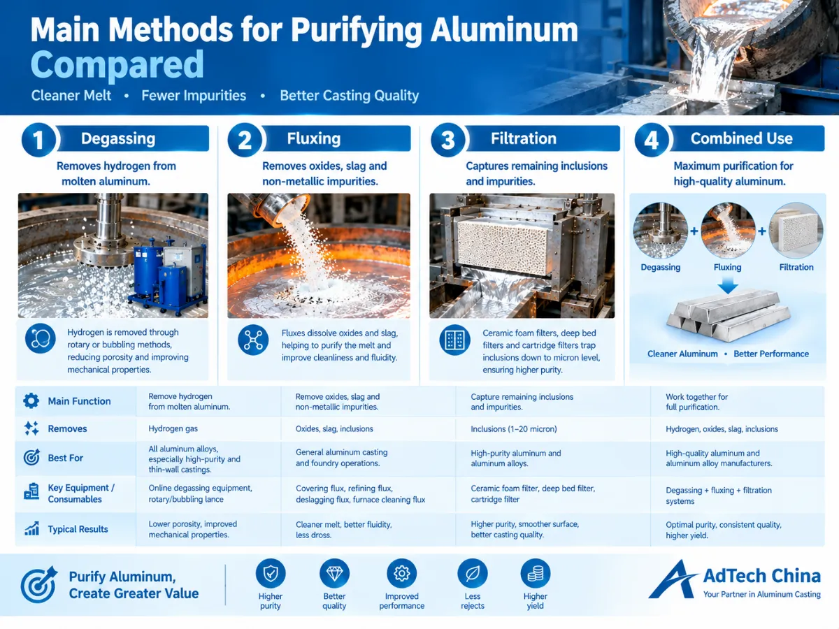Main aluminum purification methods compared: degassing, fluxing, and filtration for removing hydrogen, oxides, slag, and non-metallic inclusions to improve molten aluminum purity and casting quality.