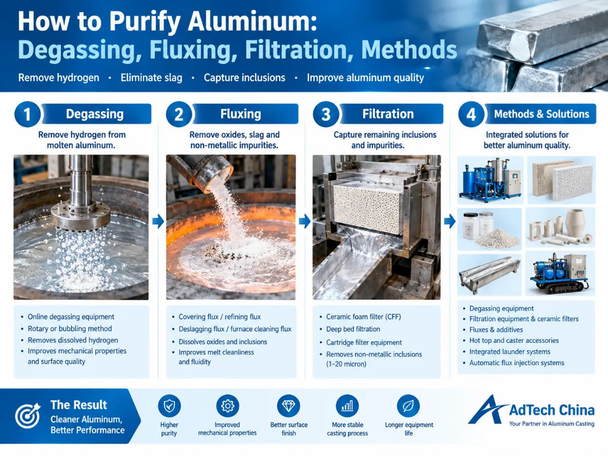 How to purify aluminum using degassing, fluxing, and filtration methods for cleaner molten aluminum and improved casting quality.